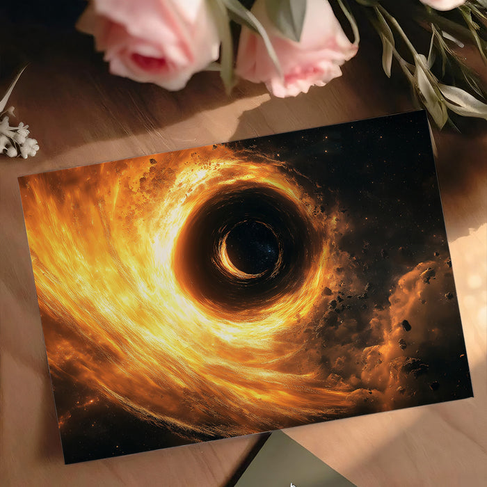 Intense Fire Black Hole Vortex Mural Wallpaper | Accretion Disk Close-Up, Swirling Gold and Orange Energy