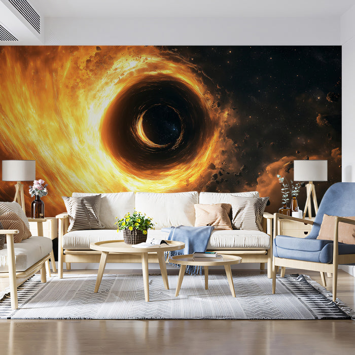 Intense Fire Black Hole Vortex Mural Wallpaper | Accretion Disk Close-Up, Swirling Gold and Orange Energy
