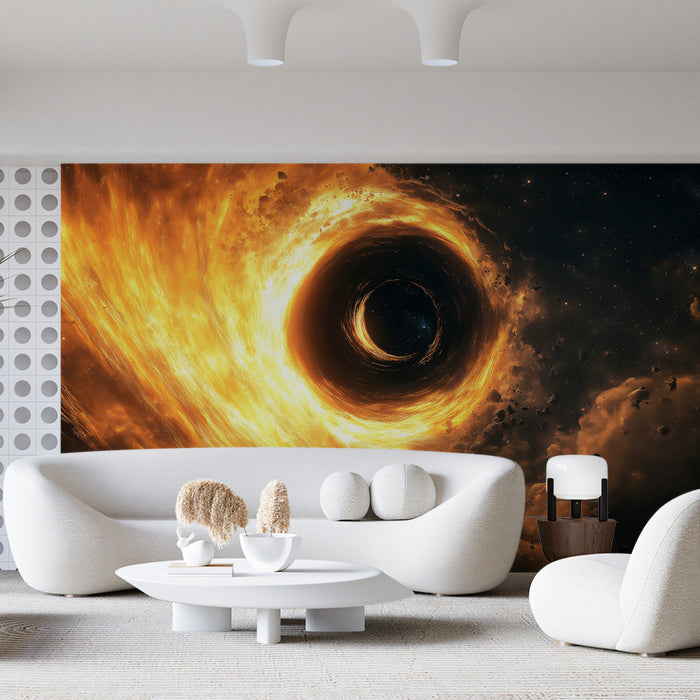 Intense Fire Black Hole Vortex Mural Wallpaper | Accretion Disk Close-Up, Swirling Gold and Orange Energy