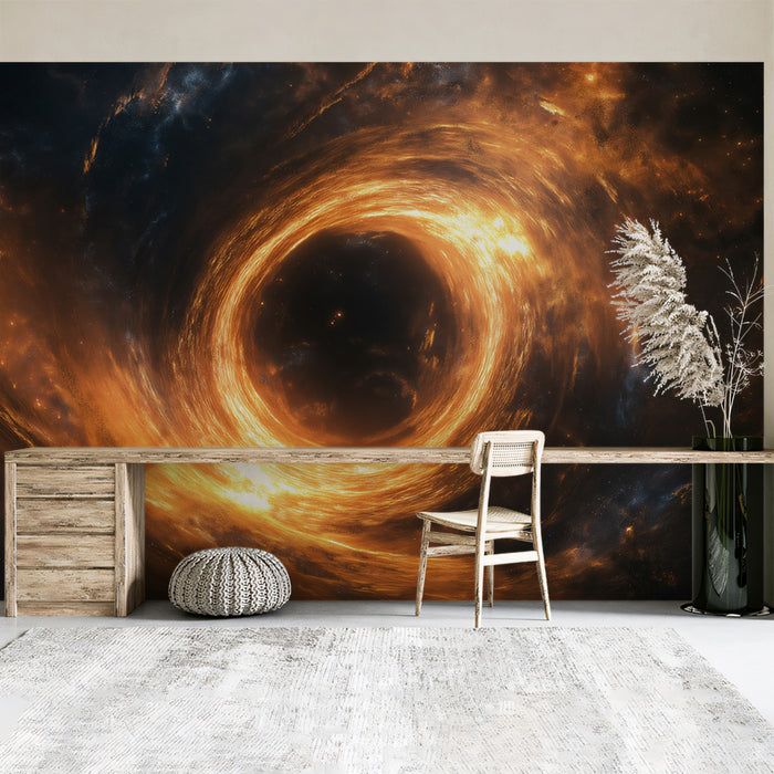 Golden Ring Black Hole Accretion Disk Mural Wallpaper | Face-On Vortex, Fiery Orange Swirl, Cosmic Power