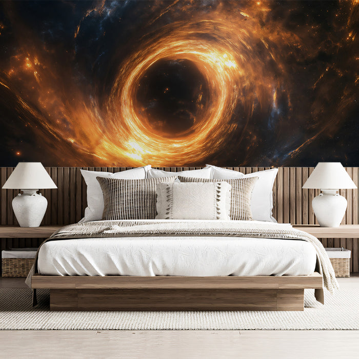 Golden Ring Black Hole Accretion Disk Mural Wallpaper | Face-On Vortex, Fiery Orange Swirl, Cosmic Power