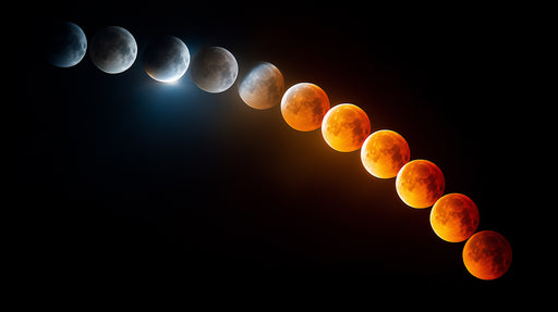Phases of a lunar eclipse from crescent to full moon on a black background