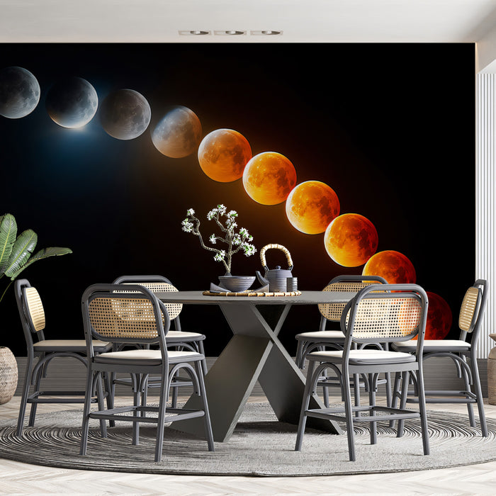 Lunar Eclipse Progression Mural Wallpaper | Full Color Shift, Time-Lapse Celestial Event, Dark Background