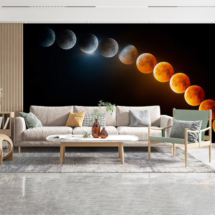 Lunar Eclipse Progression Mural Wallpaper | Full Color Shift, Time-Lapse Celestial Event, Dark Background