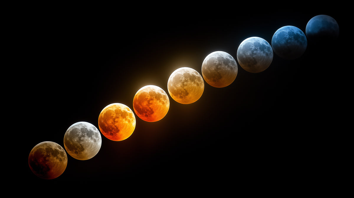 Diagonal Lunar Eclipse Color Spectrum Mural Wallpaper | Multiple Moon Phases, Blue to Red Shift, Dramatic Contrast