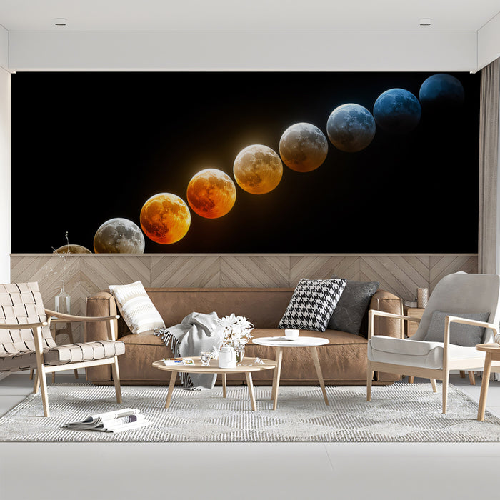 Diagonal Lunar Eclipse Color Spectrum Mural Wallpaper | Multiple Moon Phases, Blue to Red Shift, Dramatic Contrast
