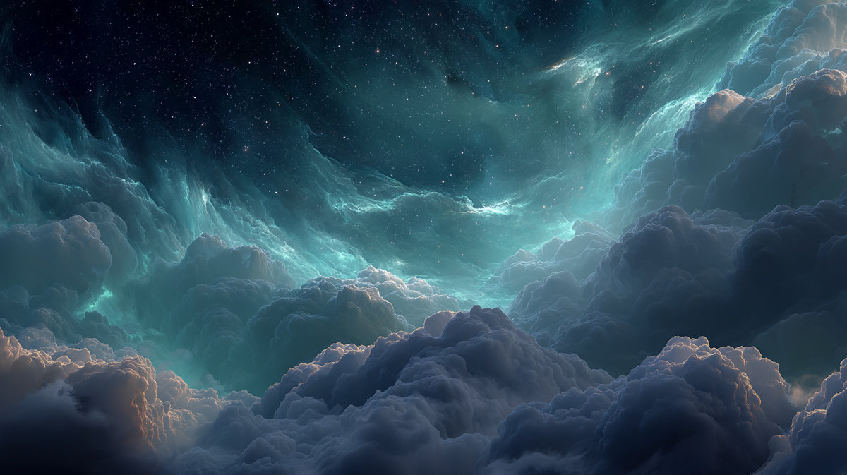 Deep Space Nebula Clouds Mural Wallpaper | Turquoise and Teal Hues, Cosmic Grandeur, Star Field