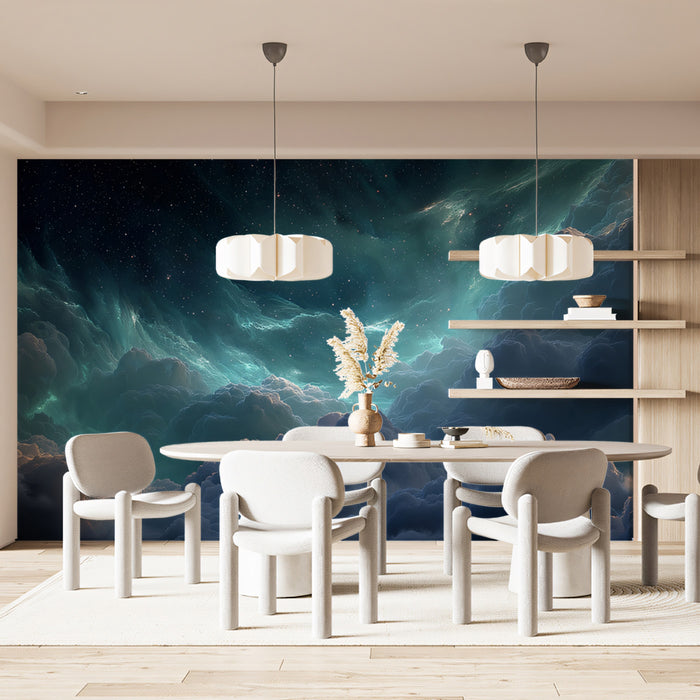 Deep Space Nebula Clouds Mural Wallpaper | Turquoise and Teal Hues, Cosmic Grandeur, Star Field