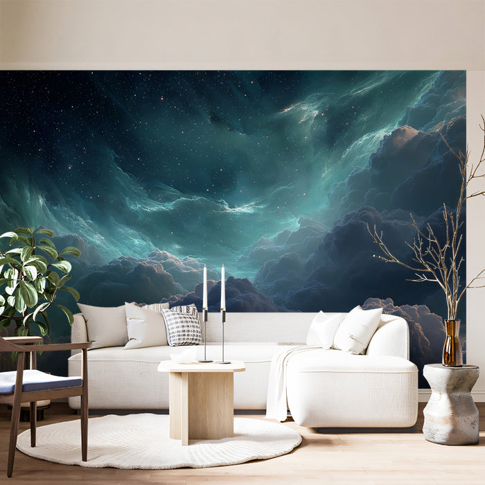 Deep Space Nebula Clouds Mural Wallpaper | Turquoise and Teal Hues, Cosmic Grandeur, Star Field