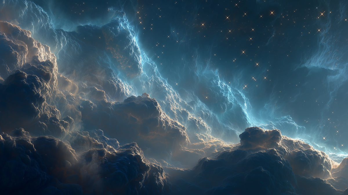 Sunlit Nebula Clouds Mural Wallpaper | Warm and Cool Contrast, Gold Edges, Dramatic Space View