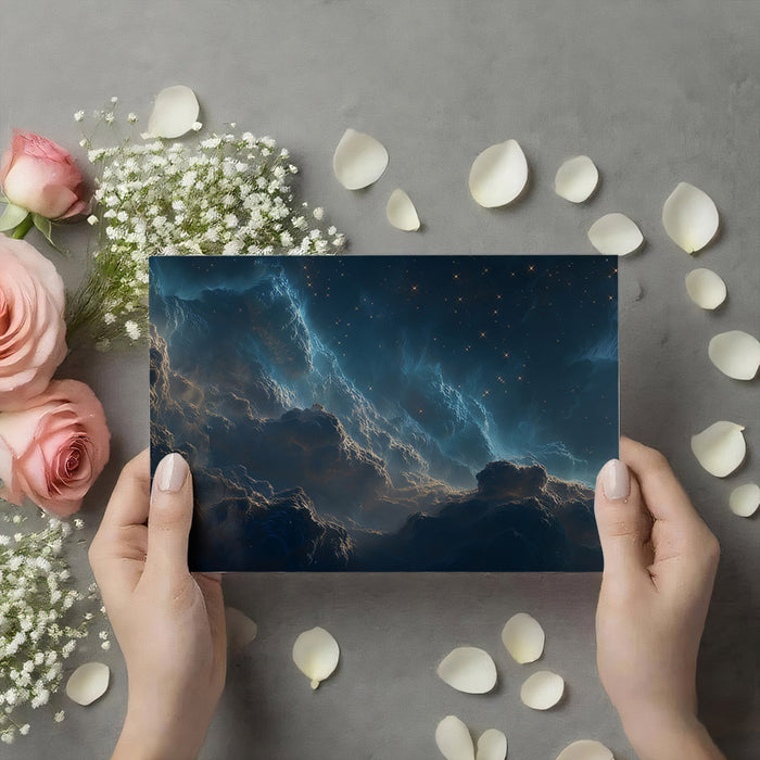 Sunlit Nebula Clouds Mural Wallpaper | Warm and Cool Contrast, Gold Edges, Dramatic Space View