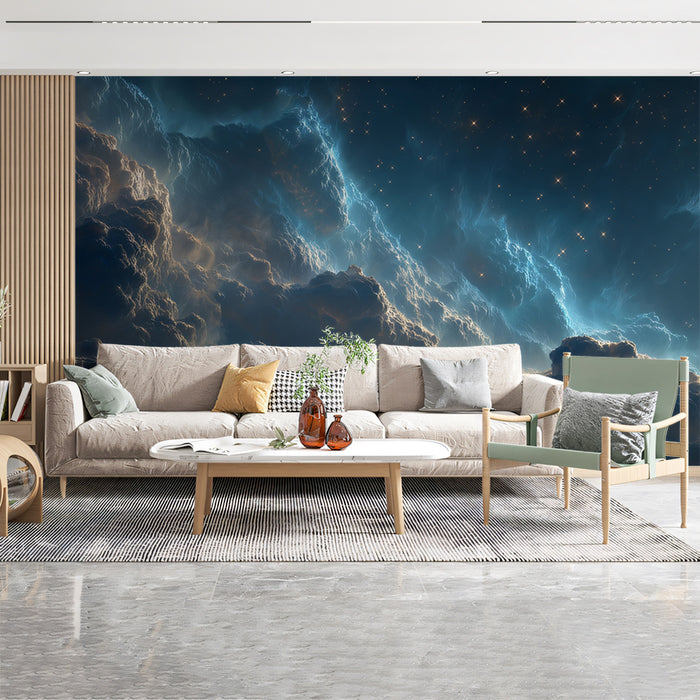 Sunlit Nebula Clouds Mural Wallpaper | Warm and Cool Contrast, Gold Edges, Dramatic Space View