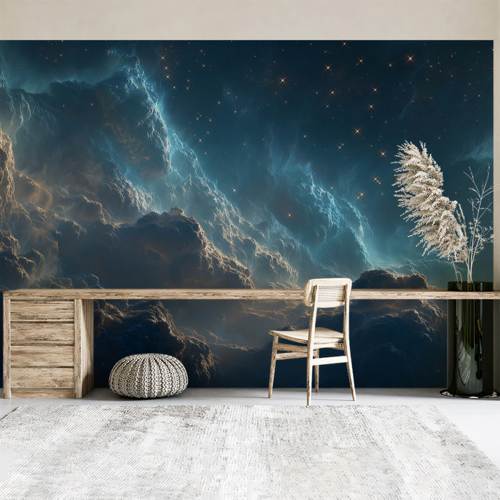 Sunlit Nebula Clouds Mural Wallpaper | Warm and Cool Contrast, Gold Edges, Dramatic Space View