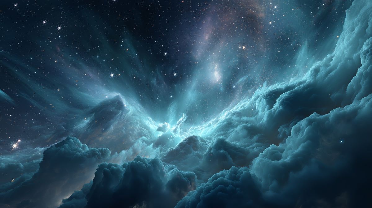 Ethereal Nebula Peaks Mural Wallpaper | Turquoise and Purple Hues, Mystical Space Landscape