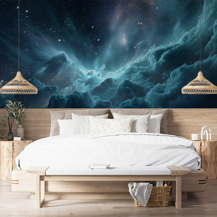 Ethereal Nebula Peaks Mural Wallpaper | Turquoise and Purple Hues, Mystical Space Landscape