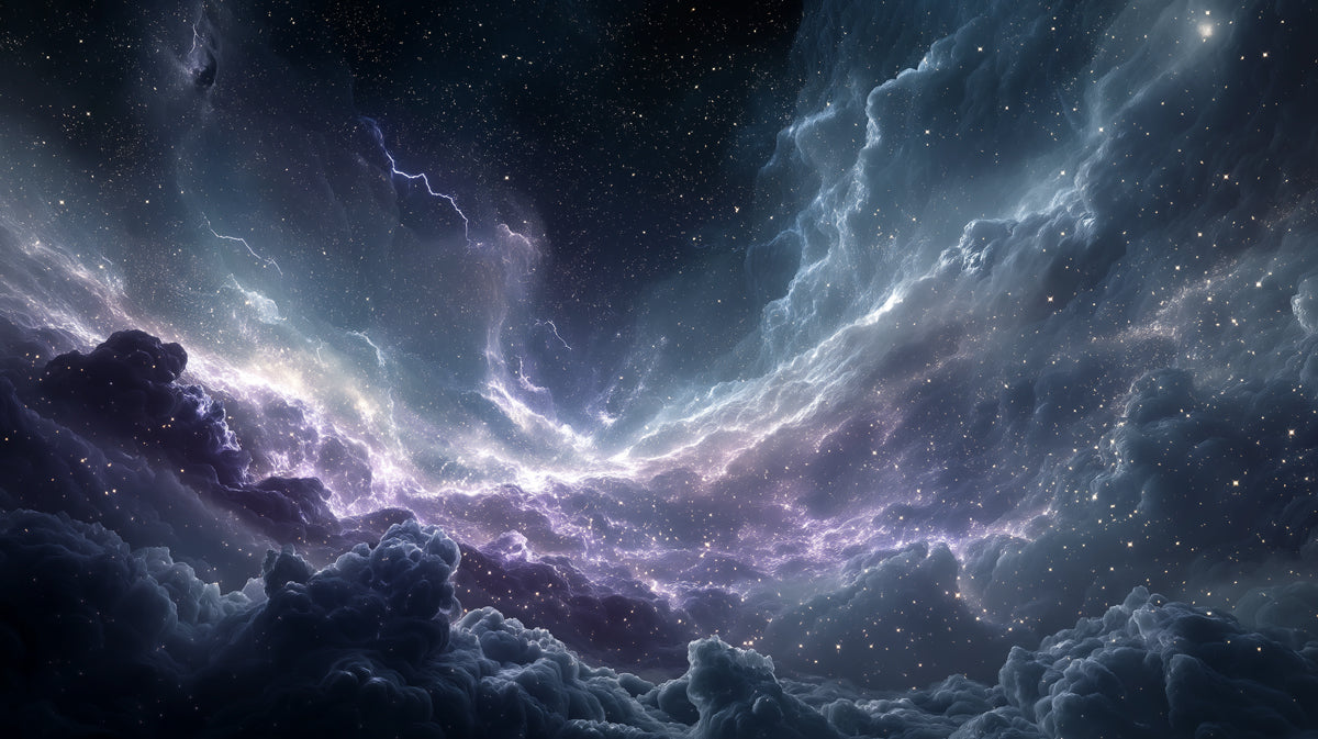 Stormy Purple and Blue Nebula Mural Wallpaper | Lightning Effect, High Contrast, Cosmic Energy