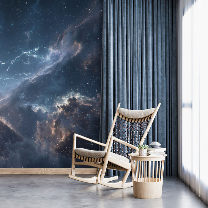 Nebula Canyon Lightning Mural Wallpaper | Blue and Gold Cosmic Storm, Dramatic Depth, Starry Sky