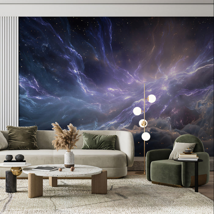 Violet Star-Forming Nebula Mural Wallpaper | Purple and Blue Cosmic Gas, Low-Horizon Perspective