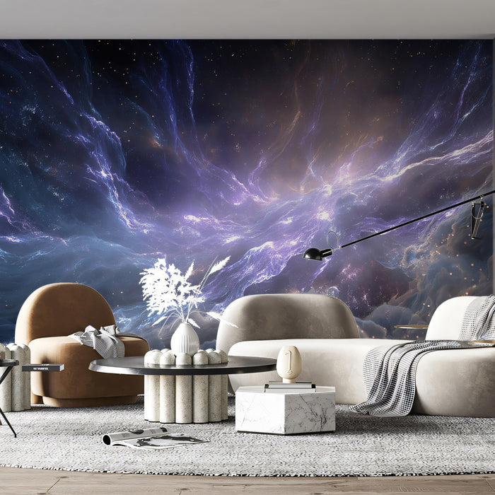 Violet Star-Forming Nebula Mural Wallpaper | Purple and Blue Cosmic Gas, Low-Horizon Perspective