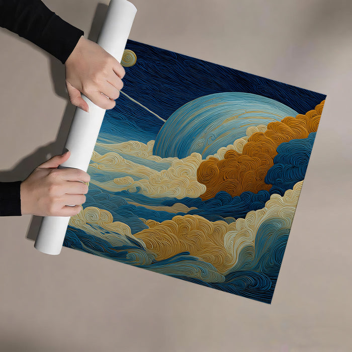 Textured Planet and Cloudscape Mural Wallpaper | Artistic Fiber Look, Blue and Gold Contrast, Celestial View