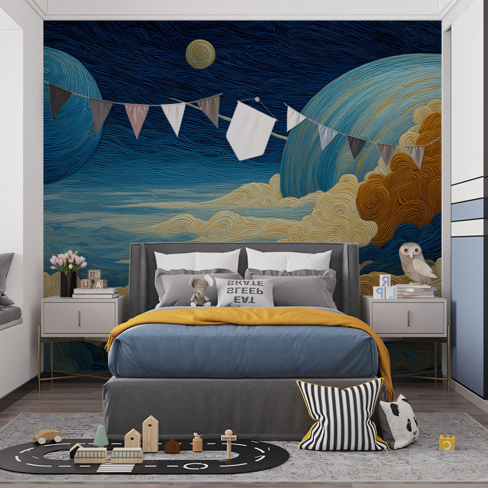 Textured Planet and Cloudscape Mural Wallpaper | Artistic Fiber Look, Blue and Gold Contrast, Celestial View