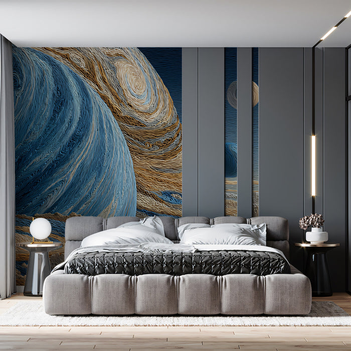 Macro-Textured Gas Giant Mural Wallpaper | Fiber Art Jupiter, Close-Up View, Earth and Blue Tones