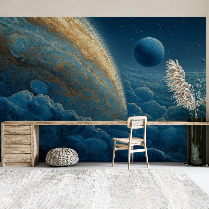 Blue and Gold Cosmic Embroidery Mural Wallpaper | Textured Planetary View, Artistic Cloudscape, Deep Blue