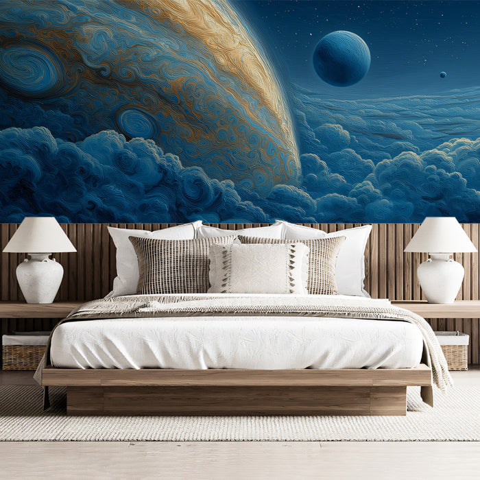 Blue and Gold Cosmic Embroidery Mural Wallpaper | Textured Planetary View, Artistic Cloudscape, Deep Blue