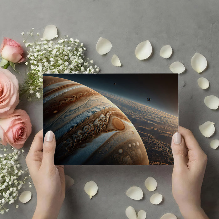 Hyper-Realistic Gas Giant Close-Up Mural Wallpaper | Great Red Spot, Moons and Sunrise, Cinematic Space