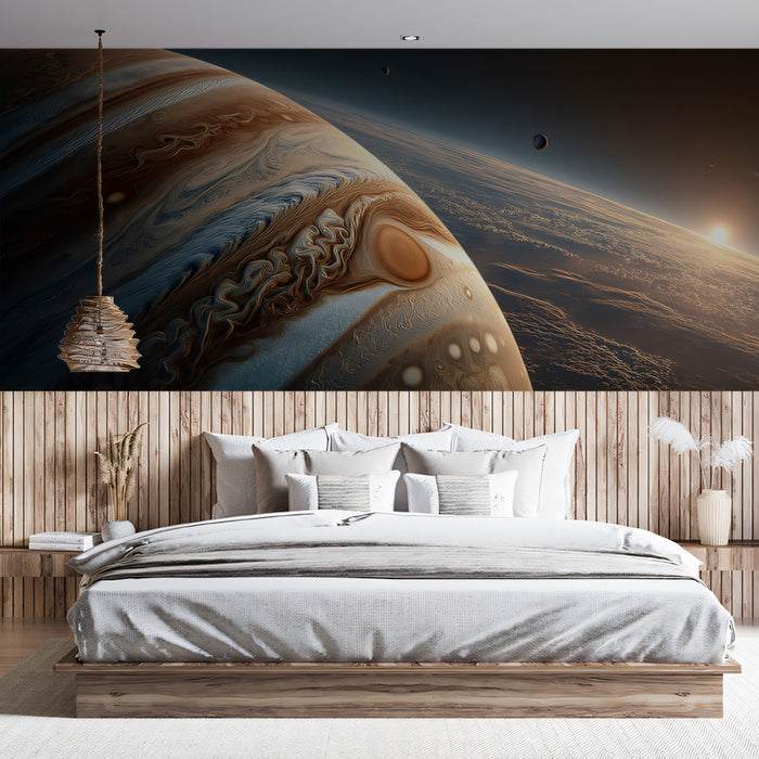 Hyper-Realistic Gas Giant Close-Up Mural Wallpaper | Great Red Spot, Moons and Sunrise, Cinematic Space