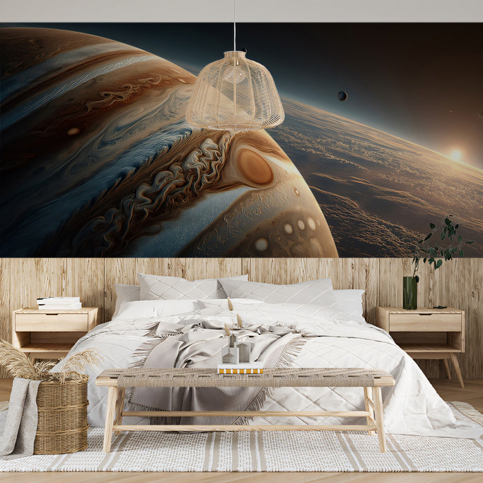 Hyper-Realistic Gas Giant Close-Up Mural Wallpaper | Great Red Spot, Moons and Sunrise, Cinematic Space