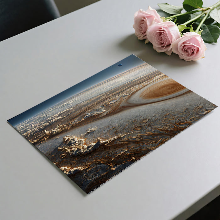 Icy Gas Giant Vortex Mural Wallpaper | Cool Tones, Close-Up Storm Patterns, Subtle Satellite