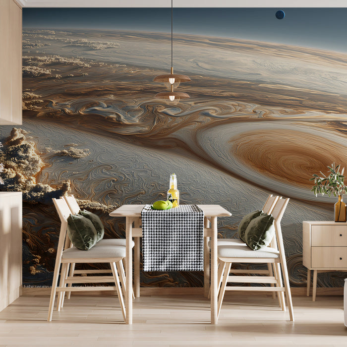 Icy Gas Giant Vortex Mural Wallpaper | Cool Tones, Close-Up Storm Patterns, Subtle Satellite