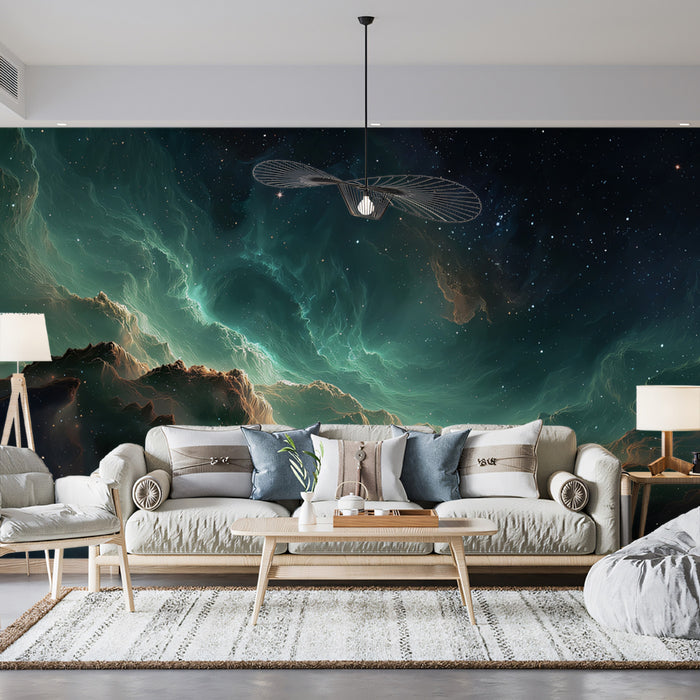 Teal and Gold Cosmic Cavern Mural Wallpaper | Nebula Landscape, High Contrast, Deep Space Drama