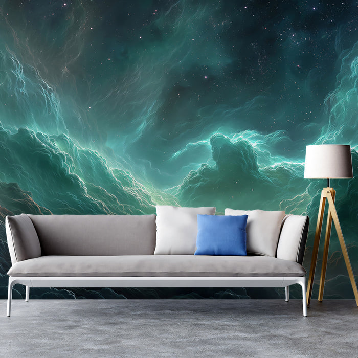 Jade and Emerald Nebula Canyon Mural Wallpaper | Cool-Toned Cosmic Clouds, Star-Forming Glow, Deep Space