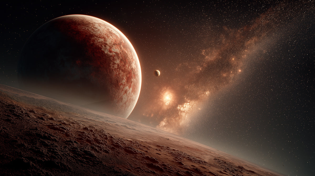 Mars-Like Foreground Planet Mural Wallpaper | Red Rock Landscape, Distant Nebula, Terracotta Hues