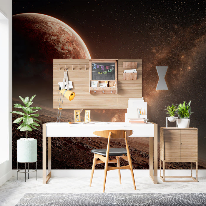 Mars-Like Foreground Planet Mural Wallpaper | Red Rock Landscape, Distant Nebula, Terracotta Hues