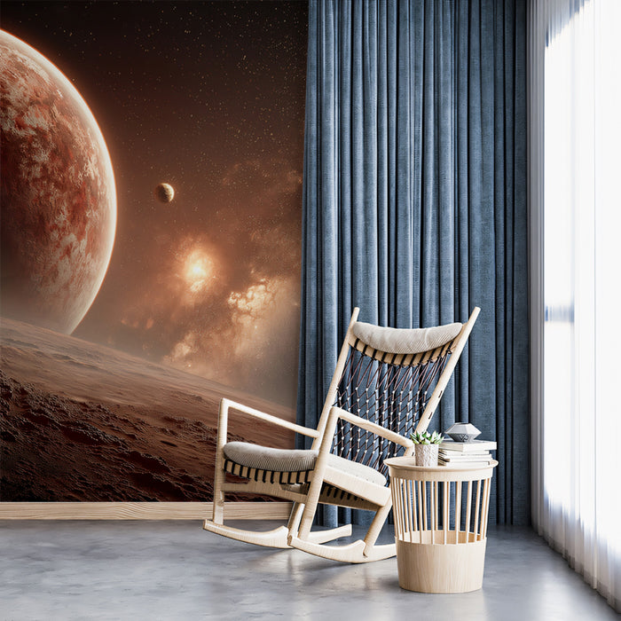 Mars-Like Foreground Planet Mural Wallpaper | Red Rock Landscape, Distant Nebula, Terracotta Hues