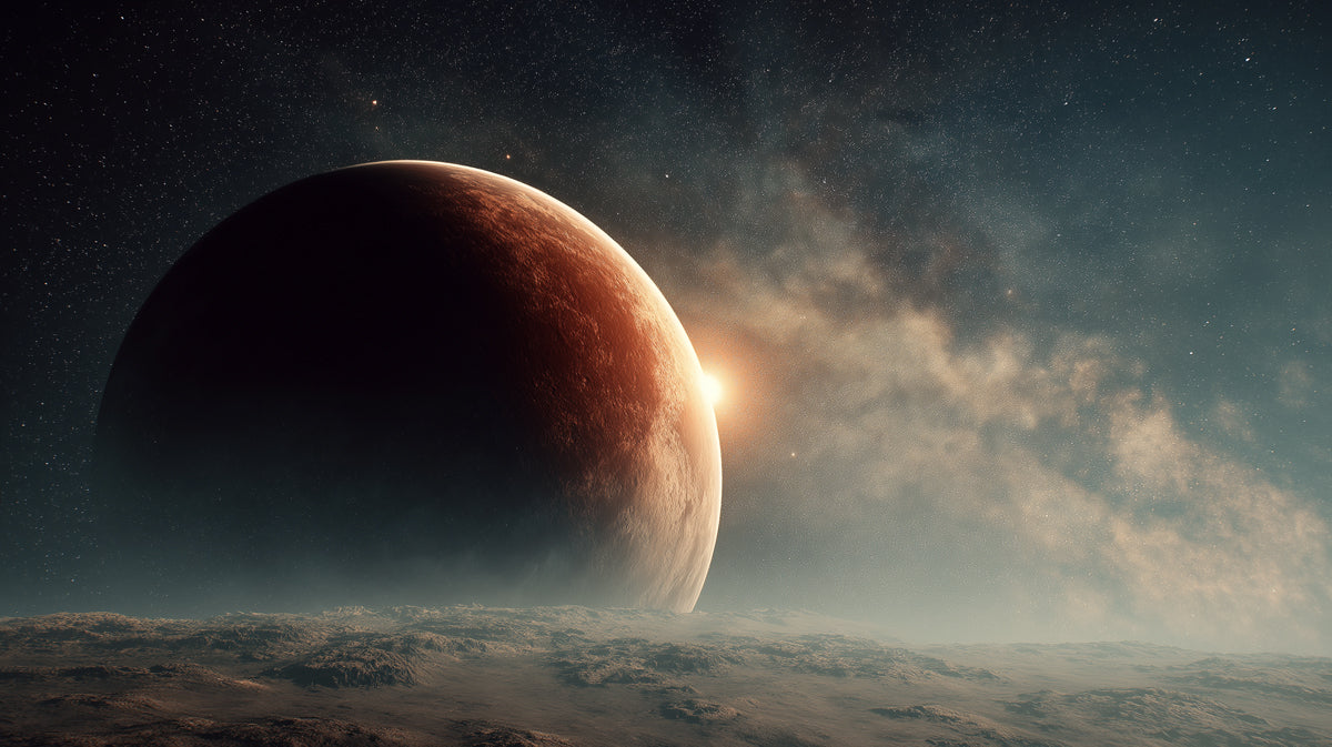 Sunset on Alien Planet Mural Wallpaper | Close-Up Surface, Atmospheric Haze, Earthy and Muted Tones