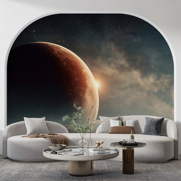 Sunset on Alien Planet Mural Wallpaper | Close-Up Surface, Atmospheric Haze, Earthy and Muted Tones