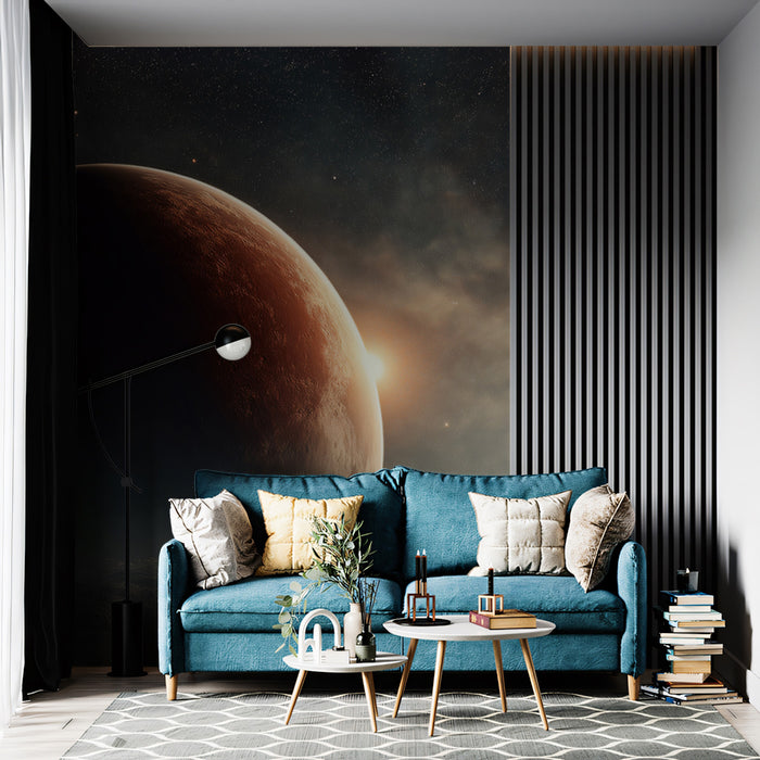 Sunset on Alien Planet Mural Wallpaper | Close-Up Surface, Atmospheric Haze, Earthy and Muted Tones