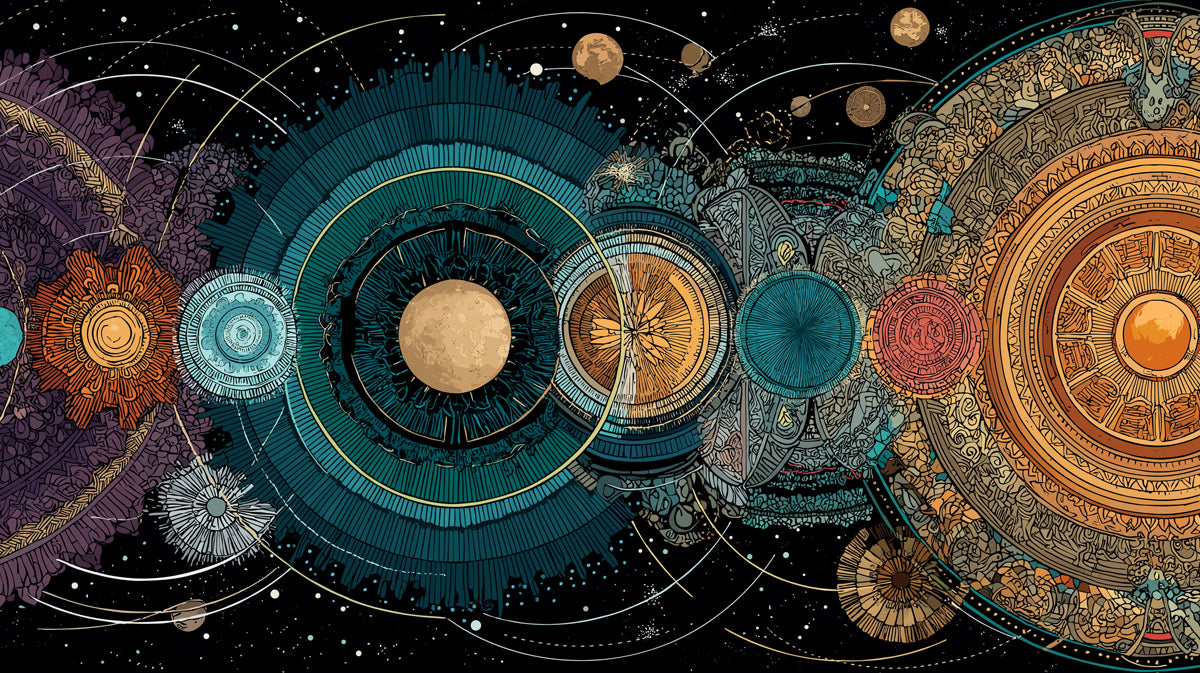 Celestial Mandala Planetary Mural Wallpaper | Intricate Gold and Teal Geometry, Astrological Art, Rich Colors