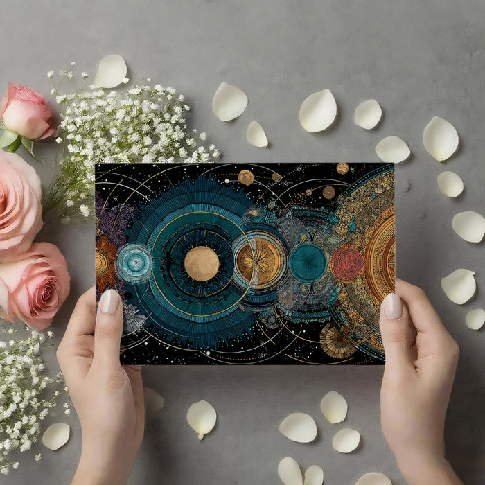 Celestial Mandala Planetary Mural Wallpaper | Intricate Gold and Teal Geometry, Astrological Art, Rich Colors