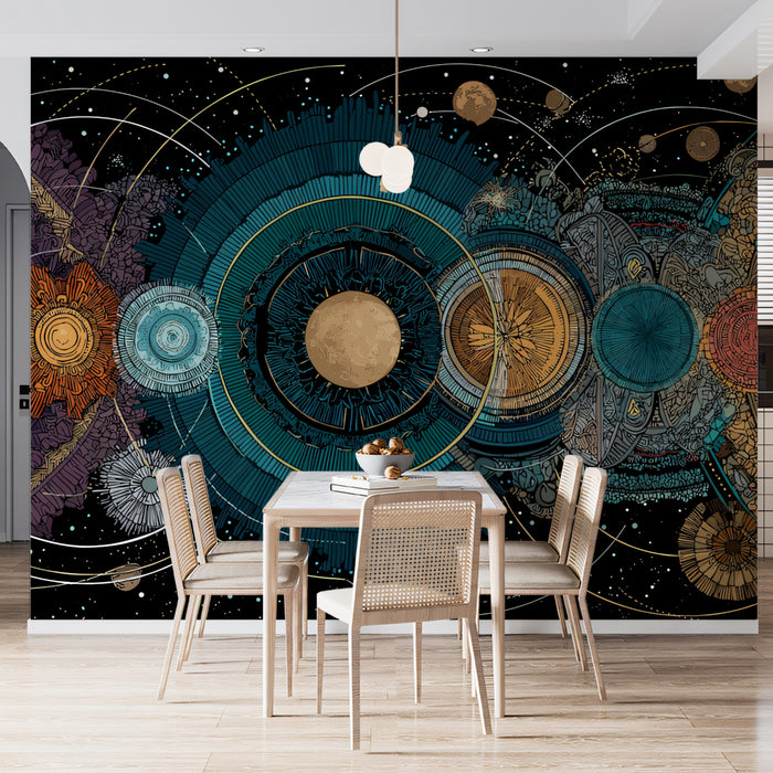 Celestial Mandala Planetary Mural Wallpaper | Intricate Gold and Teal Geometry, Astrological Art, Rich Colors