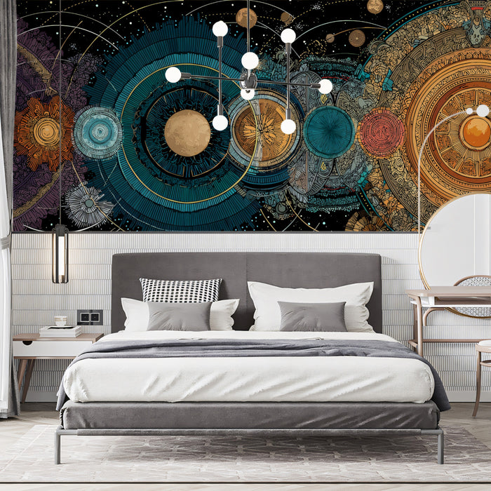Celestial Mandala Planetary Mural Wallpaper | Intricate Gold and Teal Geometry, Astrological Art, Rich Colors