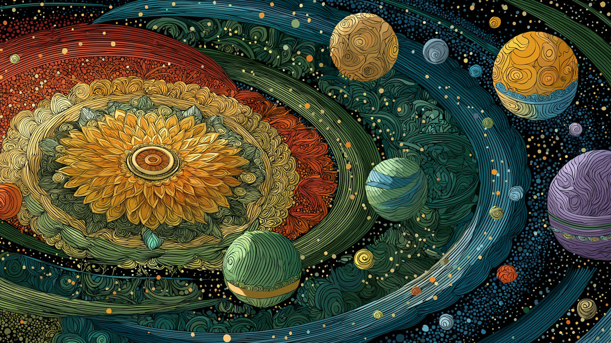 Galactic Flower Mandala Mural Wallpaper | Vibrant Cosmic Embroidery, Earth Tones and Deep Blue, Abstract Astronomy