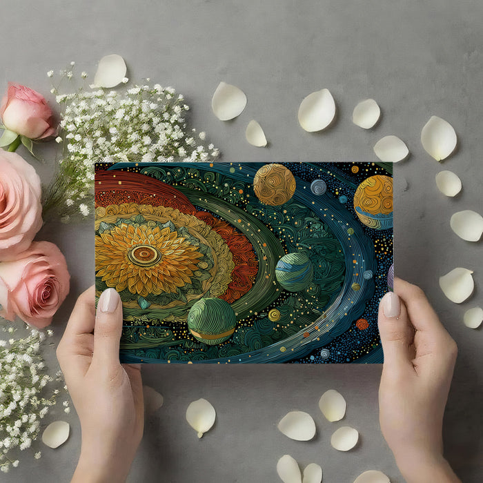 Galactic Flower Mandala Mural Wallpaper | Vibrant Cosmic Embroidery, Earth Tones and Deep Blue, Abstract Astronomy