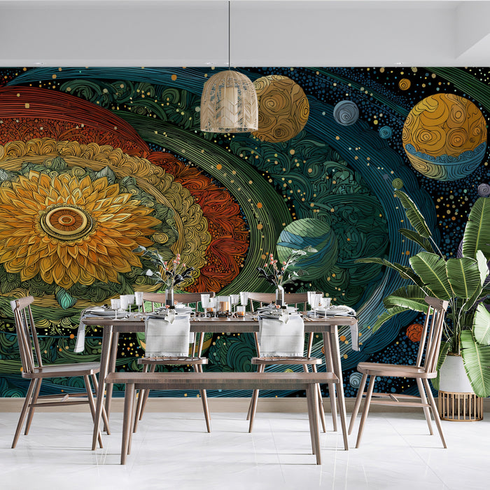 Galactic Flower Mandala Mural Wallpaper | Vibrant Cosmic Embroidery, Earth Tones and Deep Blue, Abstract Astronomy