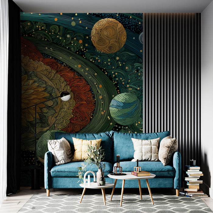 Galactic Flower Mandala Mural Wallpaper | Vibrant Cosmic Embroidery, Earth Tones and Deep Blue, Abstract Astronomy