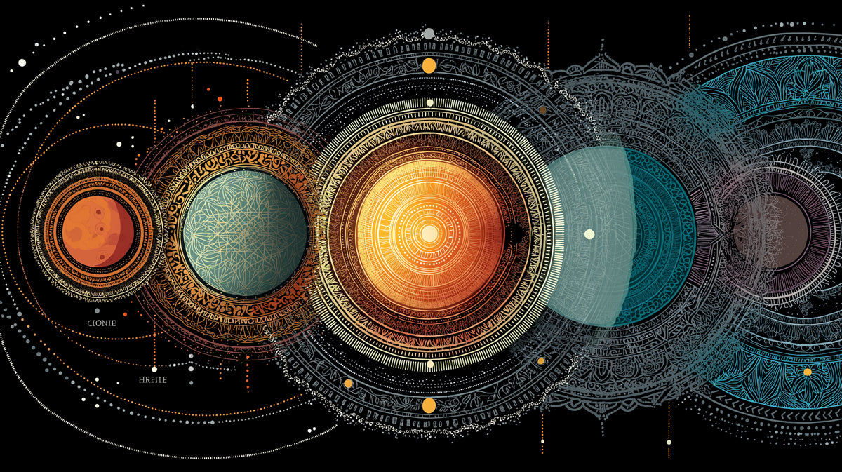 Galactic Alignment Mandala Mural Wallpaper | Monochromatic Celestial Orbits, Intricate Detail, High-Tech Folk Art